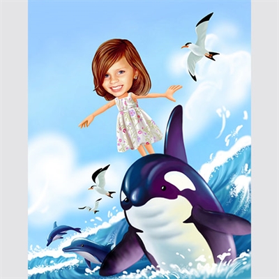 Girl Surfing with Dolphin Caricature from Photo - myDaVinci
